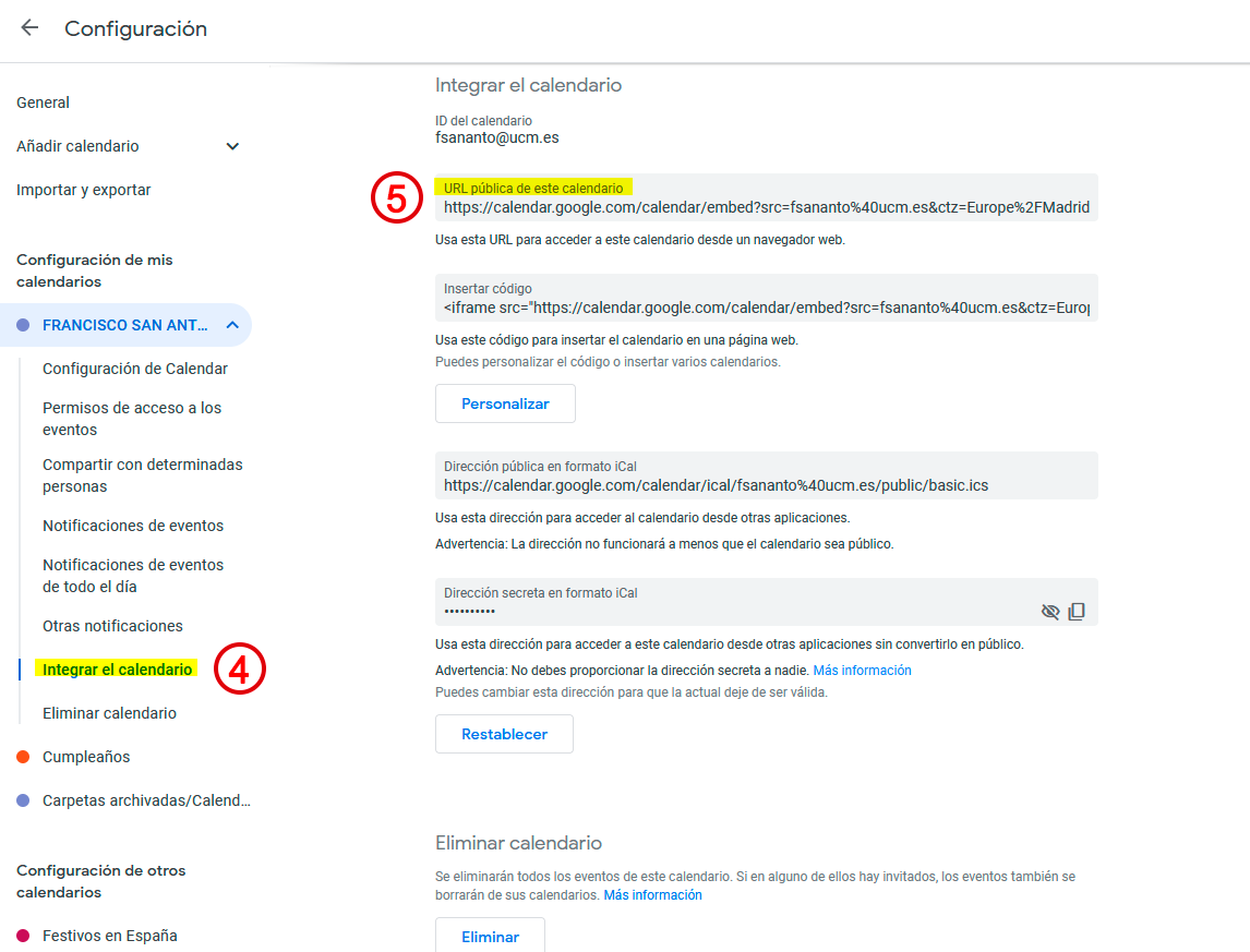 URL pública google calendar
