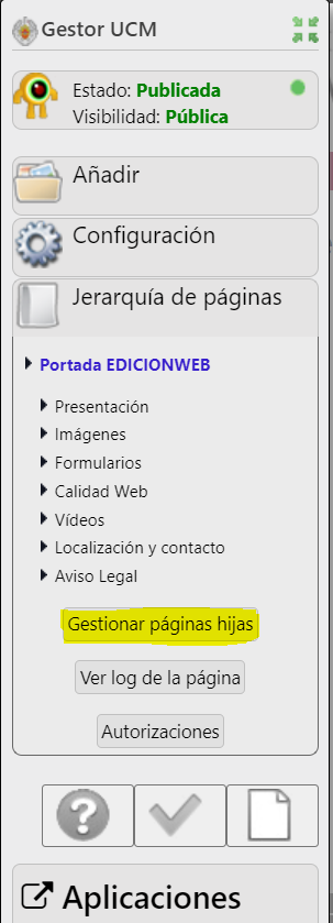 Gestionar páginas hijas