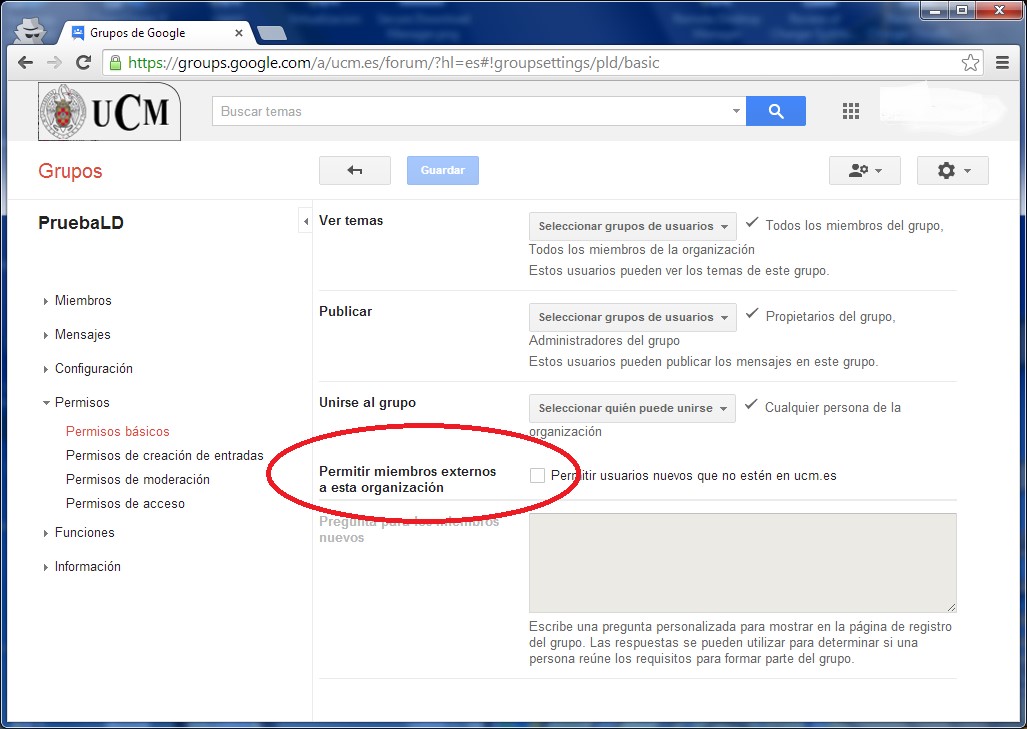 Segunda pantalla de configuración de grupos de Google